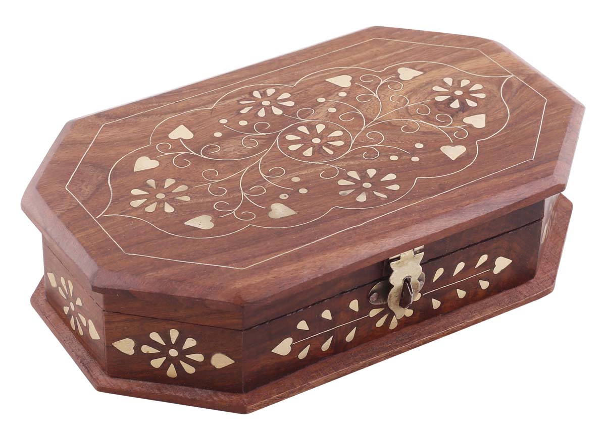 8x5” Wooden Octagonal Jewelry Box in Bulk - Wholesale Hand-Carved Jewelry Box/Trinket Box with Floral Motifs in Brass Inlay from India