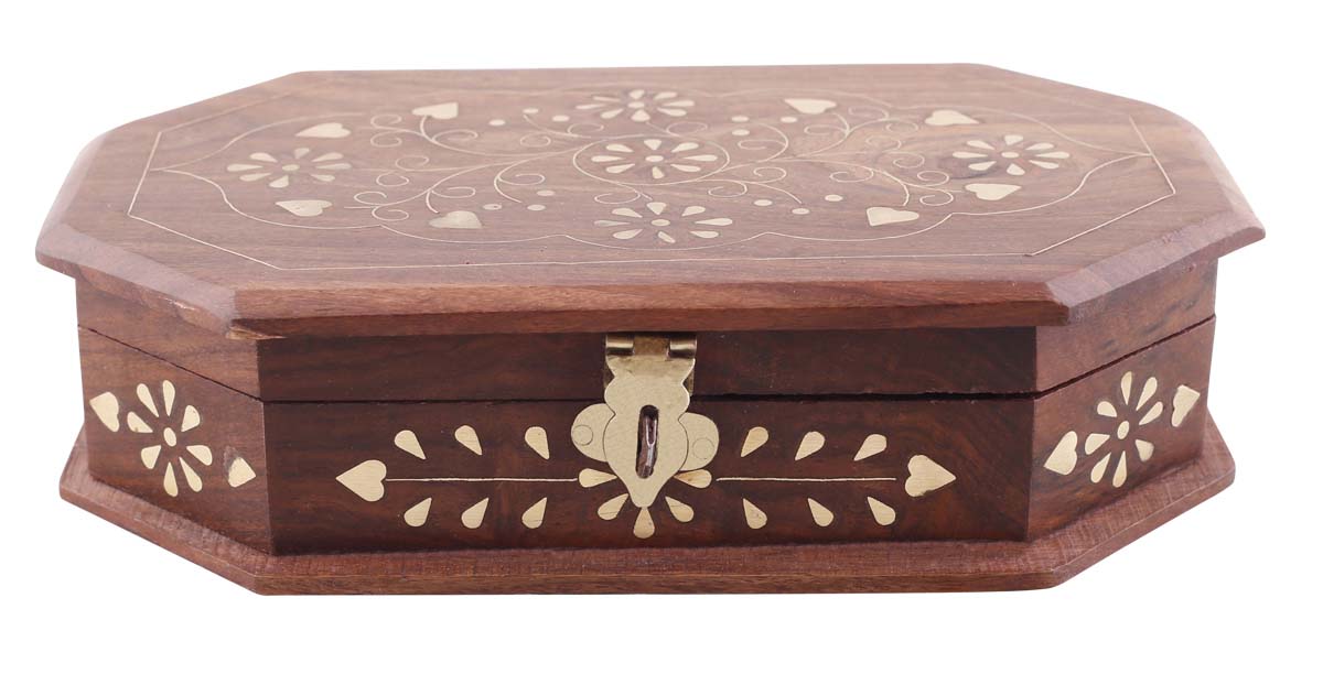 8x5” Wooden Octagonal Jewelry Box in Bulk - Wholesale Hand-Carved Jewelry Box/Trinket Box with Floral Motifs in Brass Inlay from India