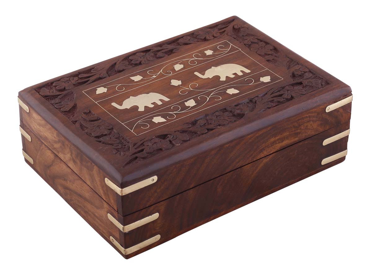 Bulk Buy 7x5”Wooden Jewelry Box - Wholesale Hand-Carved Distressed Maroon Jewelry Box/Trinket Box with Elephant & Floral Motifs in Brass Inlay - Antique-Look Boxes from India