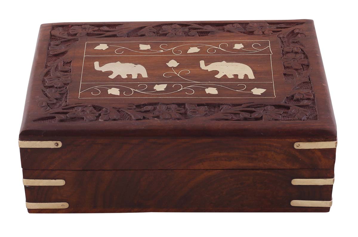 Bulk Buy 7x5”Wooden Jewelry Box - Wholesale Hand-Carved Distressed Maroon Jewelry Box/Trinket Box with Elephant & Floral Motifs in Brass Inlay - Antique-Look Boxes from India