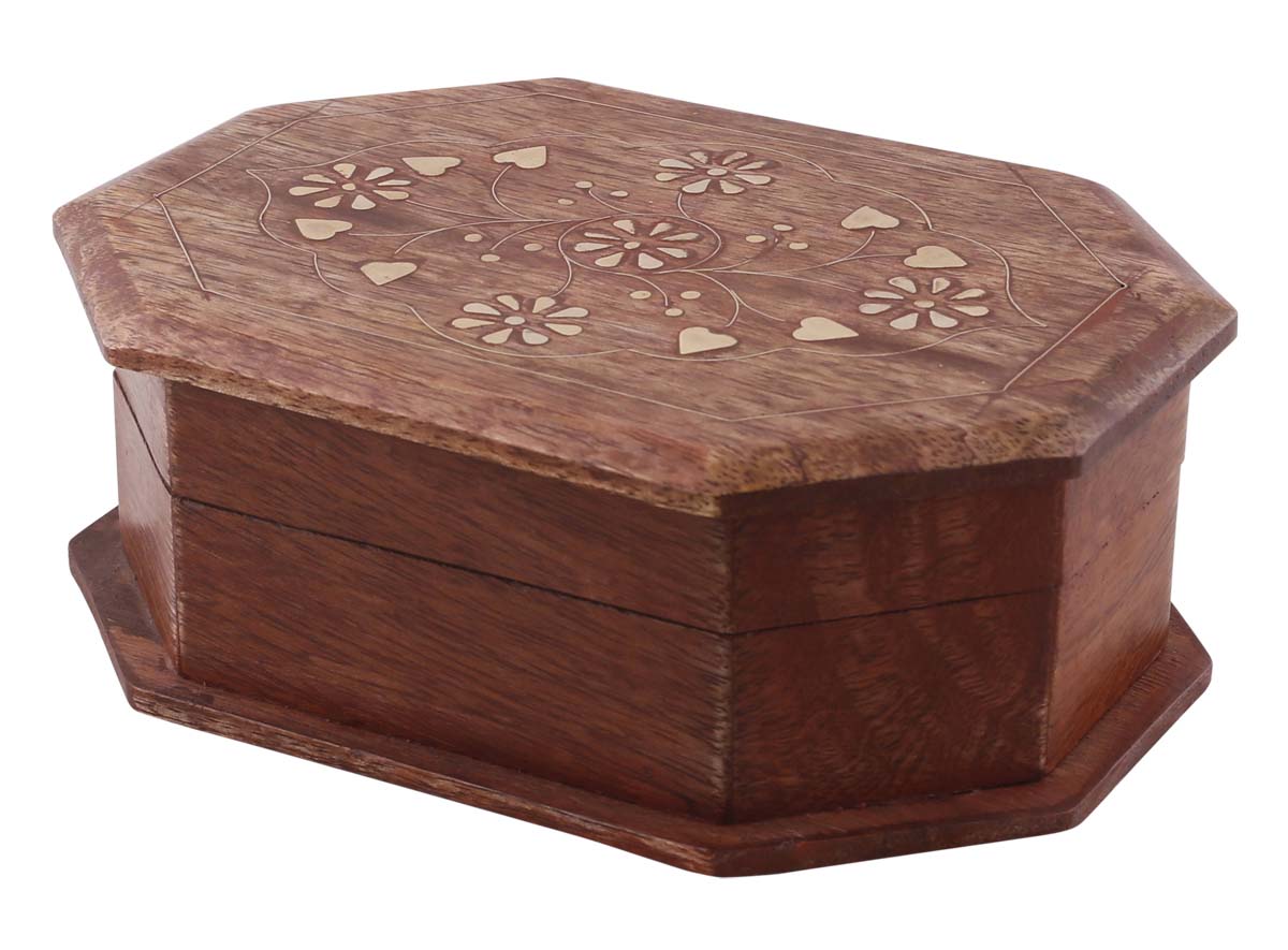 Source Octagonal 7.2” Wooden Jewelry Box in Bulk - Wholesale Hand-Carved Jewelry Box/Trinket Box with Floral Motifs in Brass Inlay from India