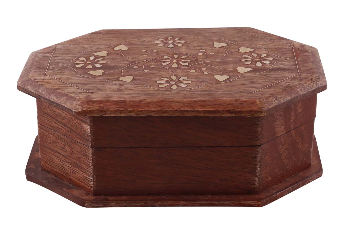 Source Octagonal 7.2” Wooden Jewelry Box in Bulk - Wholesale Hand-Carved Jewelry Box/Trinket Box with Floral Motifs in Brass Inlay from India