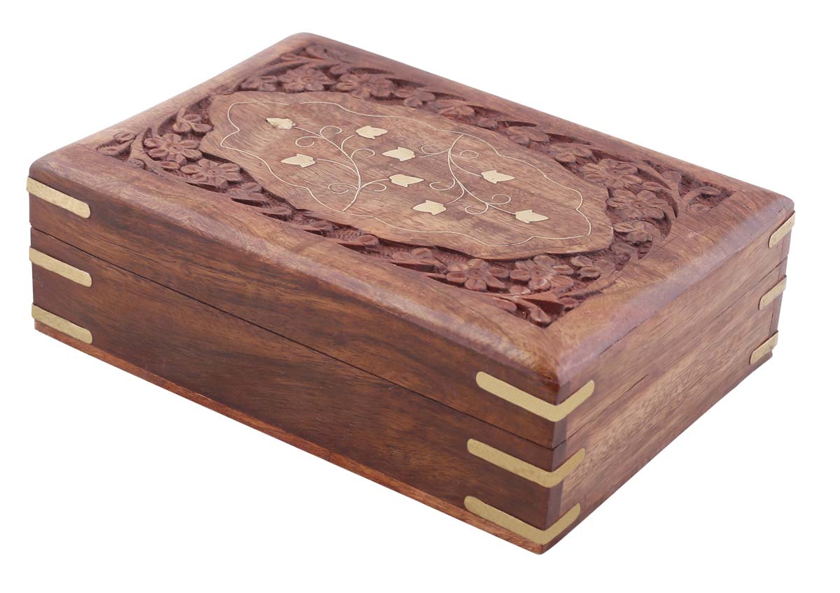 Wholesale 7x4.5” Wooden Jewelry Box in Bulk - Source Hand-Carved Jewelry Box/Trinket Box with Floral Motif Carving & Brass Inlay Work from India