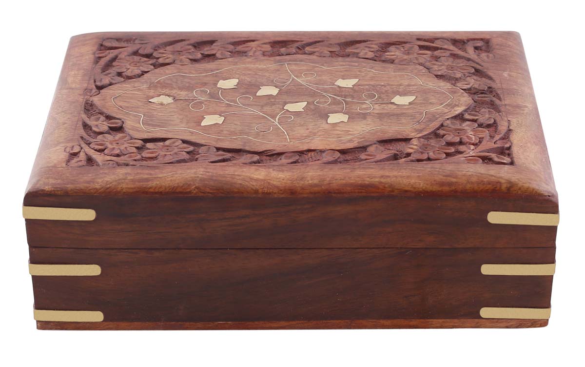 Wholesale 7x4.5” Wooden Jewelry Box in Bulk - Source Hand-Carved Jewelry Box/Trinket Box with Floral Motif Carving & Brass Inlay Work from India