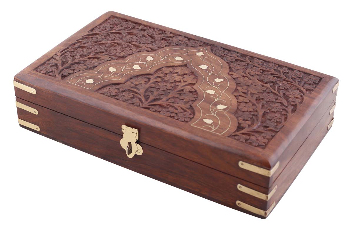 Hand-Carved 10x6” Wooden Black Jewelry Box in Bulk - Wholesale Handmade Distressed Maroon Jewelry Box/Trinket Box with Floral Motif Carving & Brass Inlay Work from India