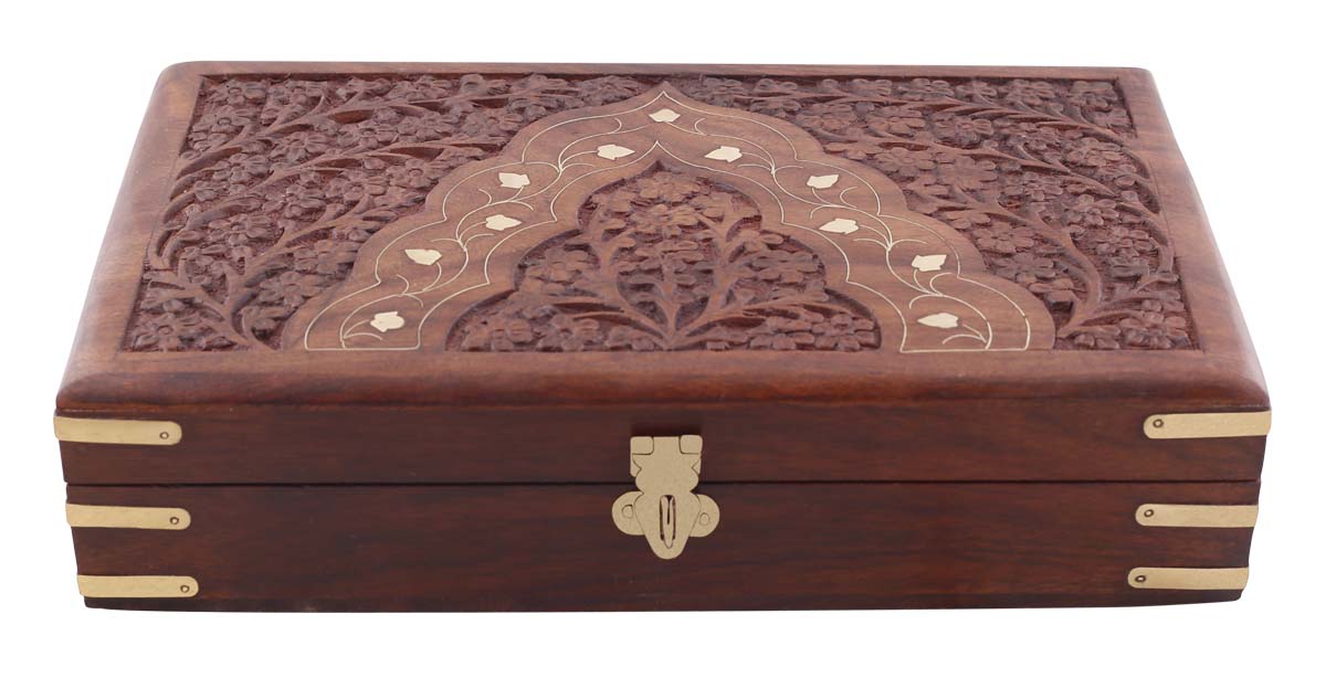 Hand-Carved 10x6” Wooden Black Jewelry Box in Bulk - Wholesale Handmade Distressed Maroon Jewelry Box/Trinket Box with Floral Motif Carving & Brass Inlay Work from India