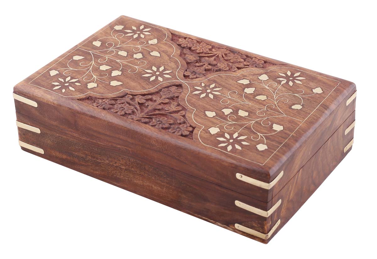 Bulk Buy 8x5” Wooden Jewelry Box with Floral Motif Carving & Brass Inlay Work - Wholesale Hand-Carved Jewelry Box/Trinket Box with Floral Motif Carving & Brass Inlay Work from India