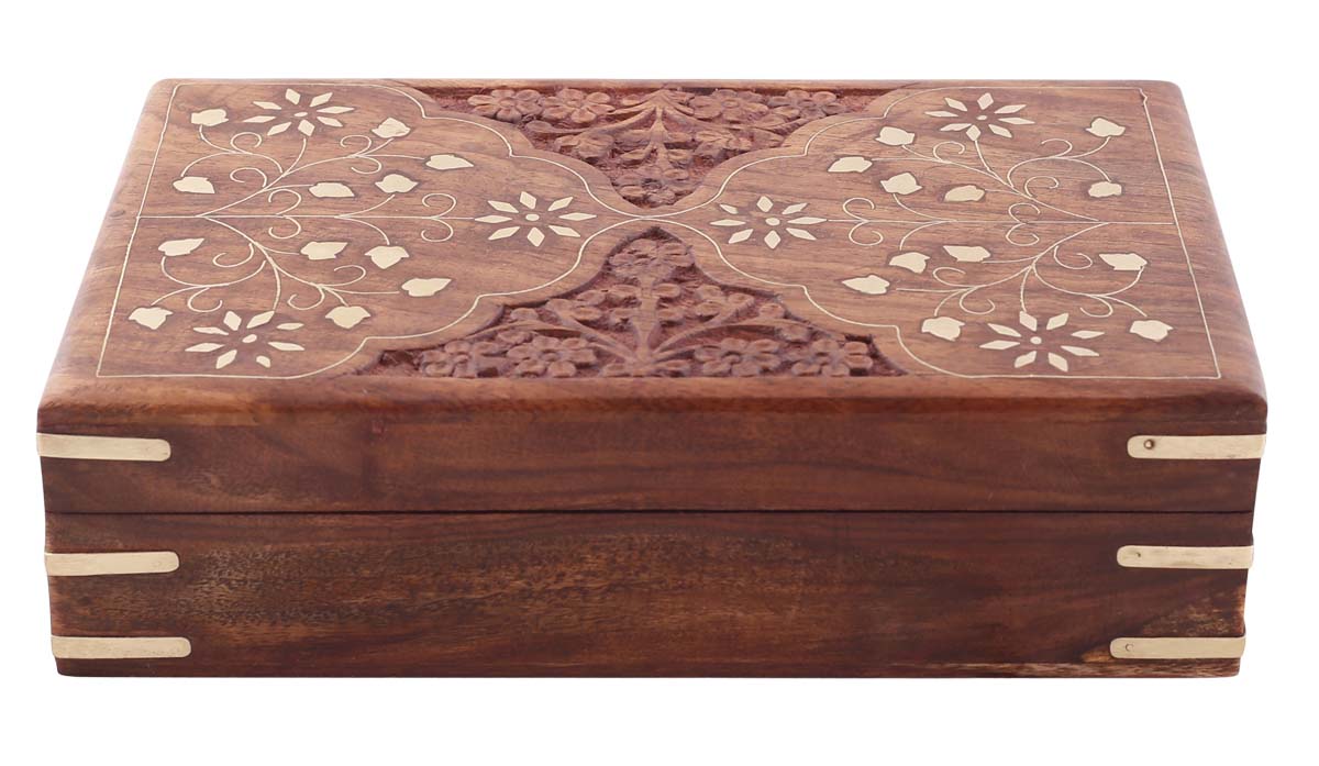 Bulk Buy 8x5” Wooden Jewelry Box with Floral Motif Carving & Brass Inlay Work - Wholesale Hand-Carved Jewelry Box/Trinket Box with Floral Motif Carving & Brass Inlay Work from India