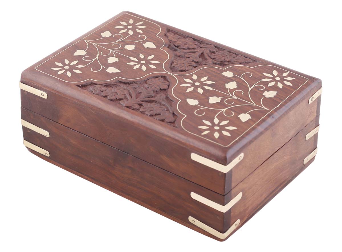 Source 5.5x4” Wooden Jewelry Box in Bulk - Wholesale Hand-Carved Jewelry Box/Trinket Box with Floral Motif Carving & Brass Inlay Work from India
