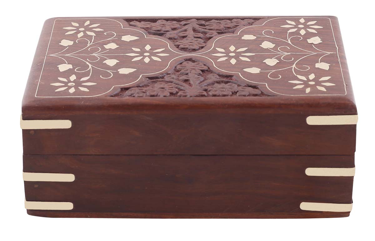 Source 5.5x4” Wooden Jewelry Box in Bulk - Wholesale Hand-Carved Jewelry Box/Trinket Box with Floral Motif Carving & Brass Inlay Work from India