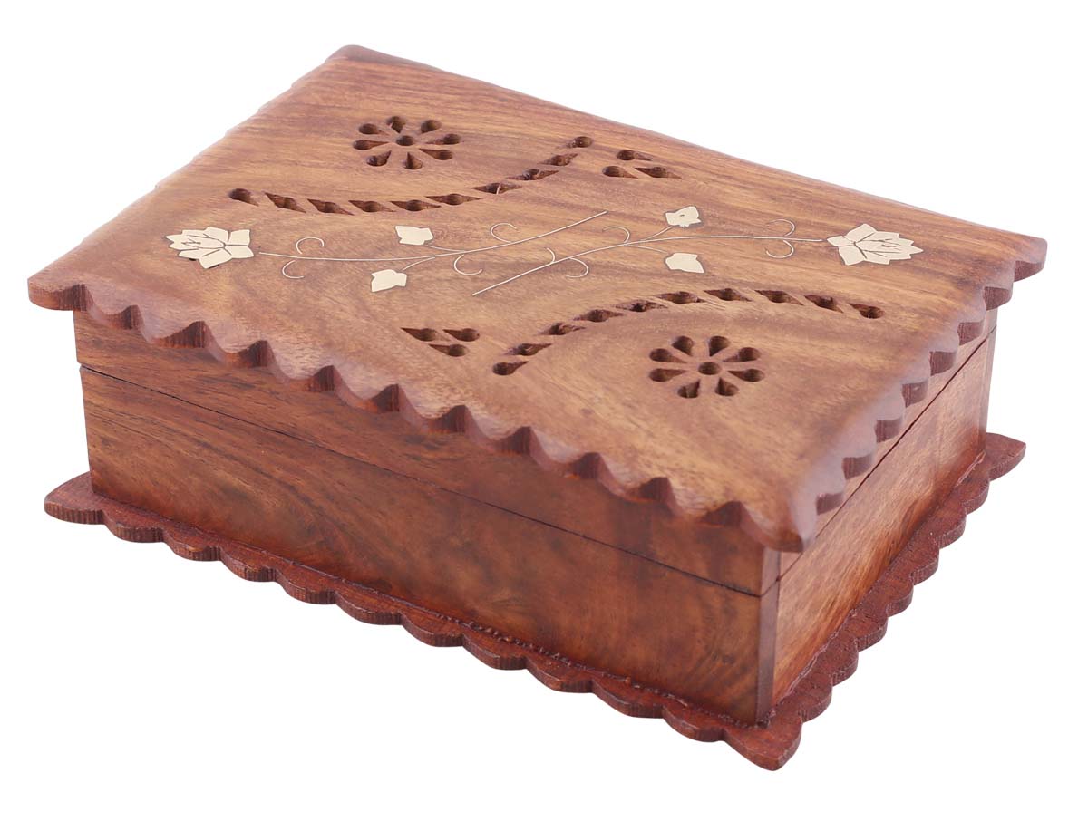 Wholesale 6.5x4.5” Wooden Jewelry Box in Bulk with Corrugated Edges - Source Hand-Carved Jewelry Box/Trinket Box with Brass Inlay Work from India