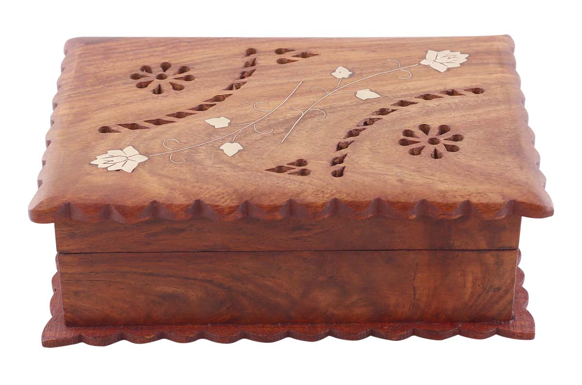 Wholesale 6.5x4.5” Wooden Jewelry Box in Bulk with Corrugated Edges - Source Hand-Carved Jewelry Box/Trinket Box with Brass Inlay Work from India