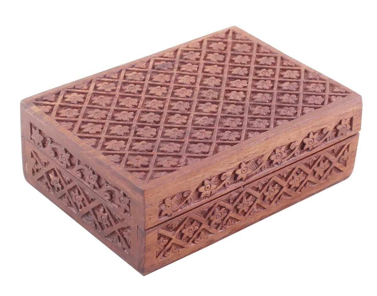 6.8x4.8” Wooden Jewelry Box in Bulk - Wholesale Hand-Carved Jewelry Box/Trinket Box with Brass Inlay Floral Motif Carving from India