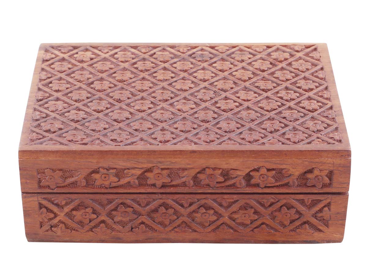 6.8x4.8” Wooden Jewelry Box in Bulk - Wholesale Hand-Carved Jewelry Box/Trinket Box with Brass Inlay Floral Motif Carving from India