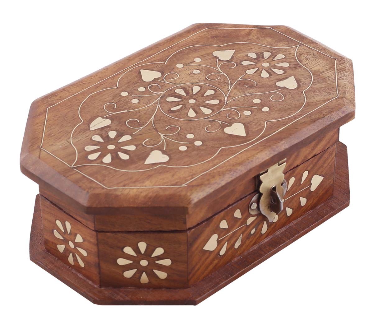 Bulk Buy Octagonal 5.9x3.9” Wooden Jewelry Box - Wholesale Handmade Jewelry Box/Trinket Box with Floral Motifs in Brass Inlay from India