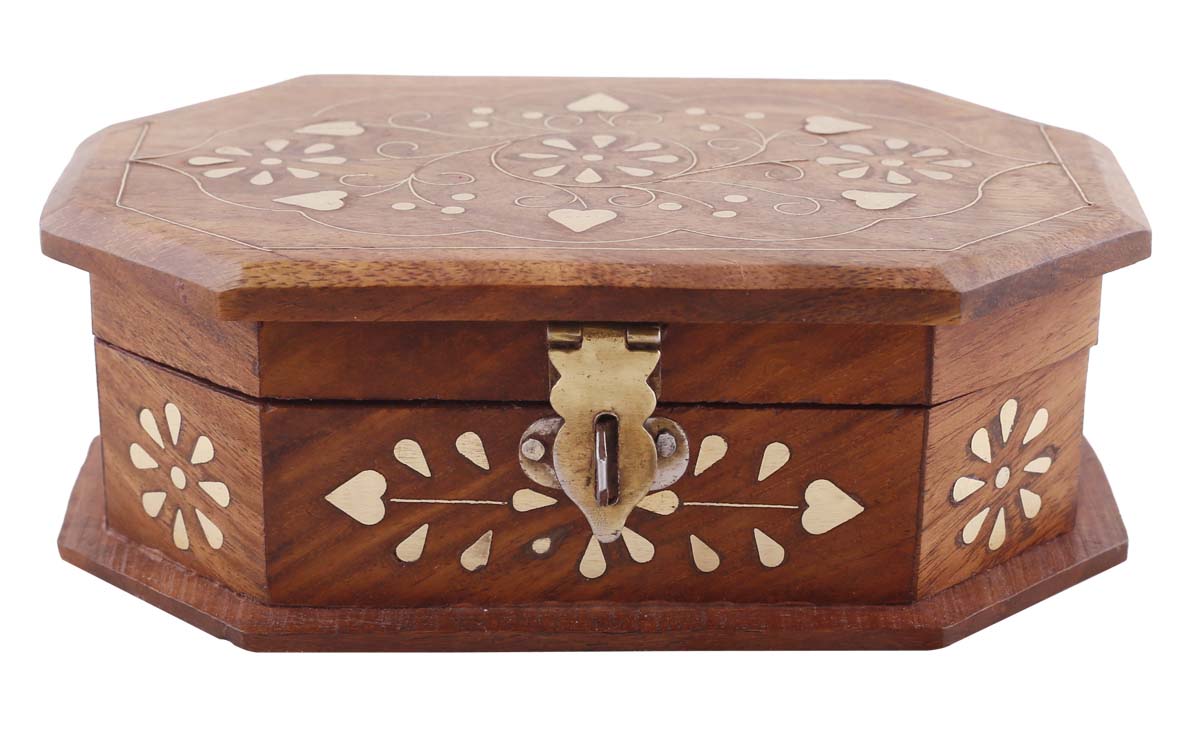 Bulk Buy Octagonal 5.9x3.9” Wooden Jewelry Box - Wholesale Handmade Jewelry Box/Trinket Box with Floral Motifs in Brass Inlay from India