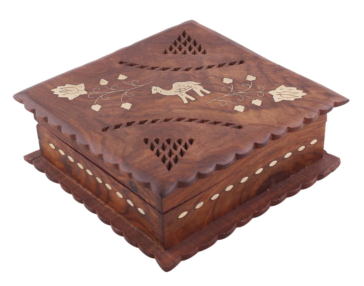 Square 6.9” Wooden Jewelry Box in Bulk - Wholesale Hand-Carved Jewelry Box/Trinket Box with Camel & Floral Brass Motifs from India