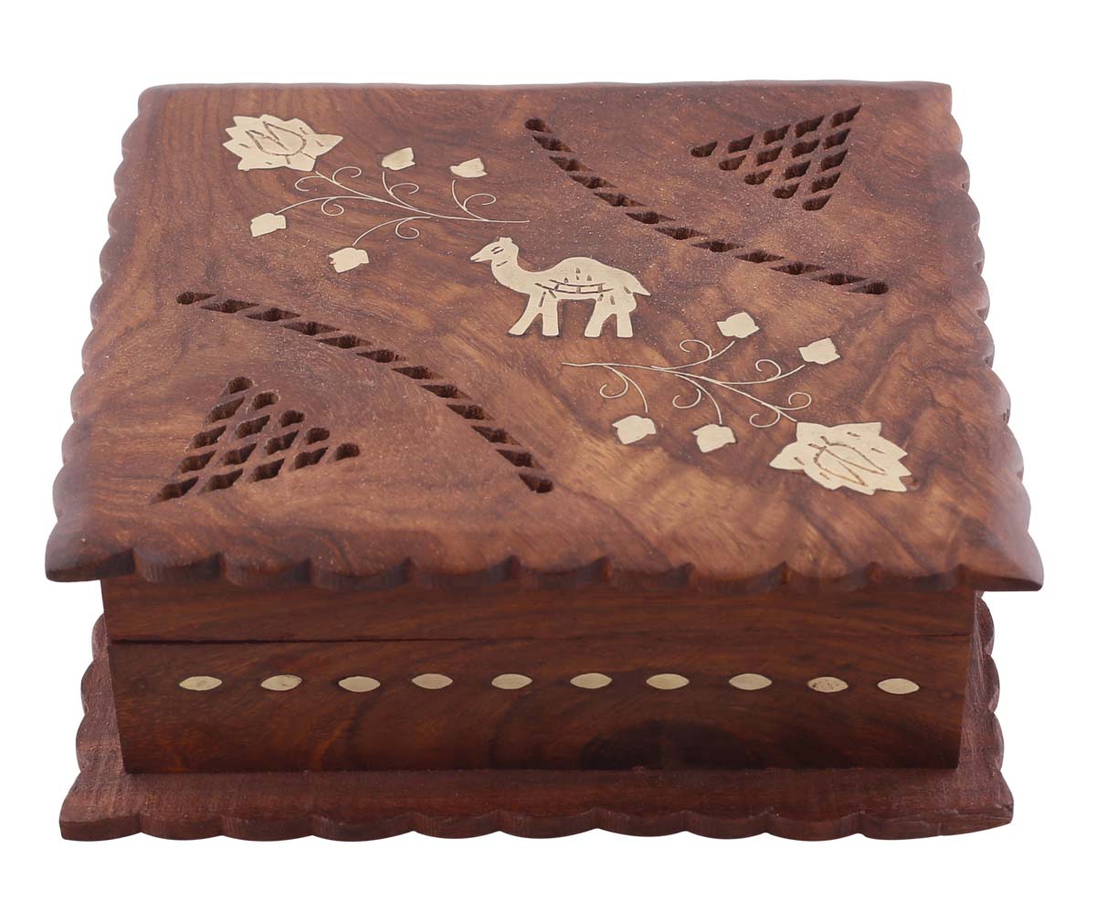 Square 6.9” Wooden Jewelry Box in Bulk - Wholesale Hand-Carved Jewelry Box/Trinket Box with Camel & Floral Brass Motifs from India