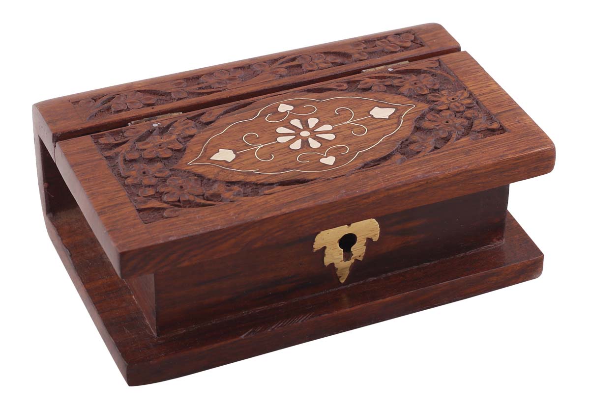 Wholesale 6x3.9” Wooden Jewelry Box in Bulk - Source Hand-Carved Jewelry Box/Trinket Box in Book Shape with Brass Inlay Work from India