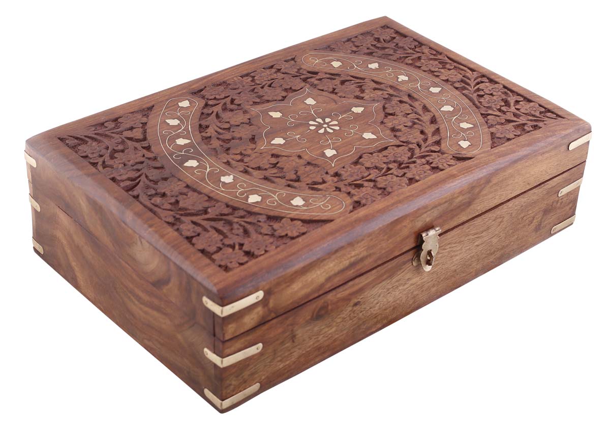 Rectangular 11.8x7.5” Wooden Jewelry Box in Bulk - Wholesale Hand-Carved Jewelry Box/Trinket Box with Floral Brass Motifs from India
