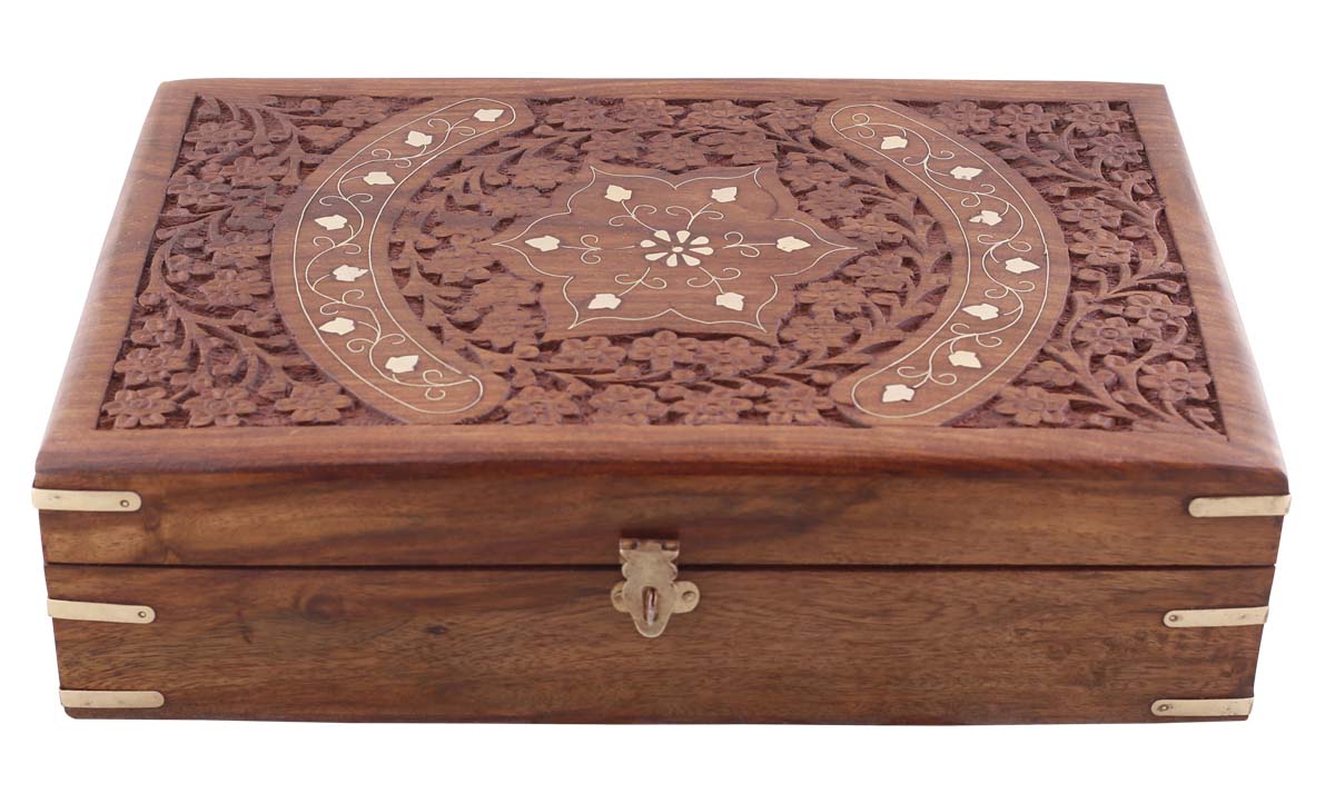 Rectangular 11.8x7.5” Wooden Jewelry Box in Bulk - Wholesale Hand-Carved Jewelry Box/Trinket Box with Floral Brass Motifs from India