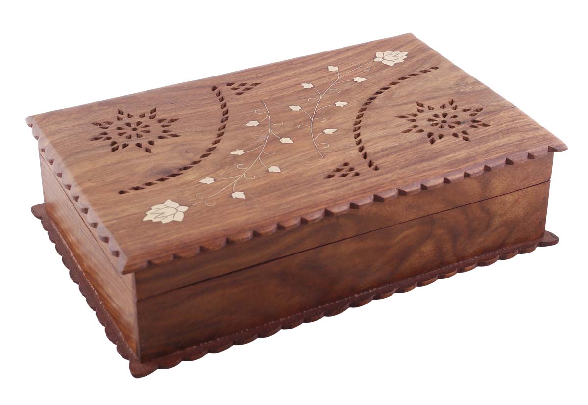 Bulk Buy 11.5x7.5” Wooden Jewelry Box with Corrugated Edges - Wholesale Hand-Carved Jewelry Box/Trinket Box with Brass Inlay Work from India