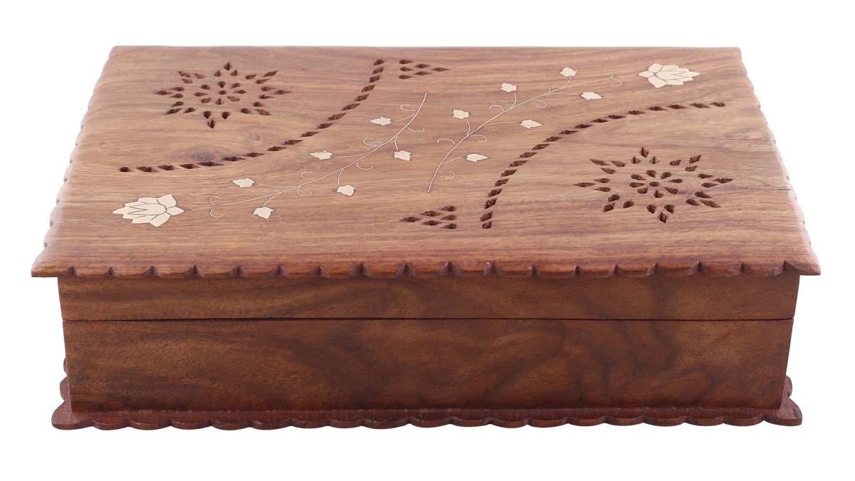 Bulk Buy 11.5x7.5” Wooden Jewelry Box with Corrugated Edges - Wholesale Hand-Carved Jewelry Box/Trinket Box with Brass Inlay Work from India