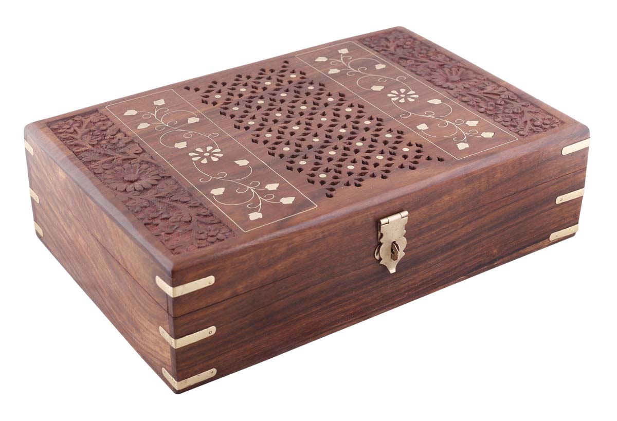 Source 11.6x7.6” Wooden Jewelry Box in Bulk - Wholesale Hand-Carved Jewelry Box/Trinket Box with Metal Lock and Brass Inlay from India