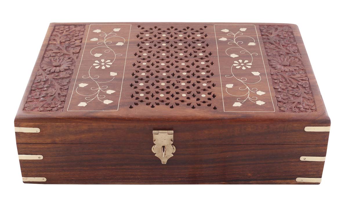 Source 11.6x7.6” Wooden Jewelry Box in Bulk - Wholesale Hand-Carved Jewelry Box/Trinket Box with Metal Lock and Brass Inlay from India