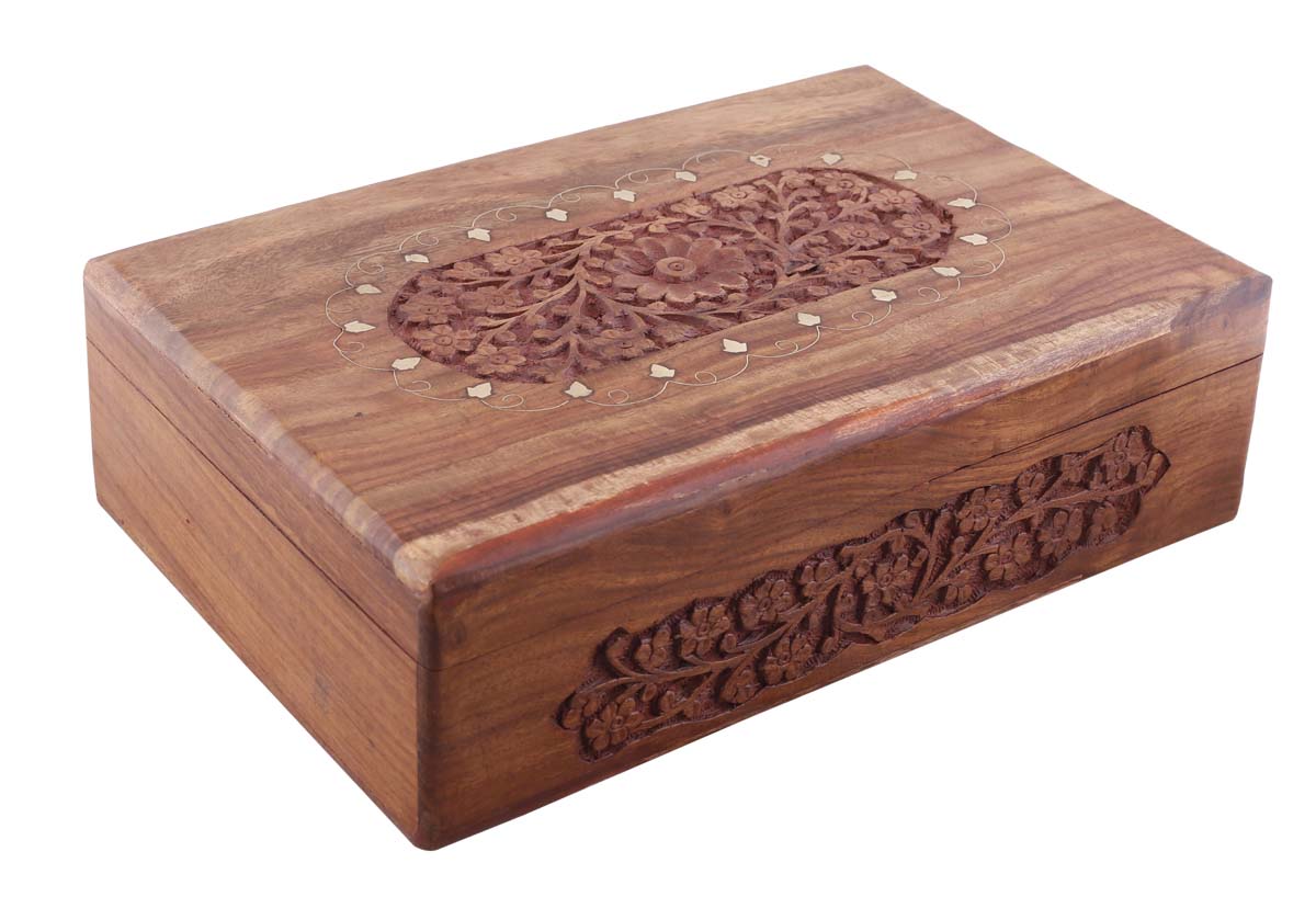 Wholesale 11.9x7.6” Wooden Jewelry Box in Bulk - Source Hand-Carved Jewelry Box/Trinket Box with Brass Inlay & Carving at the Top and Front from India