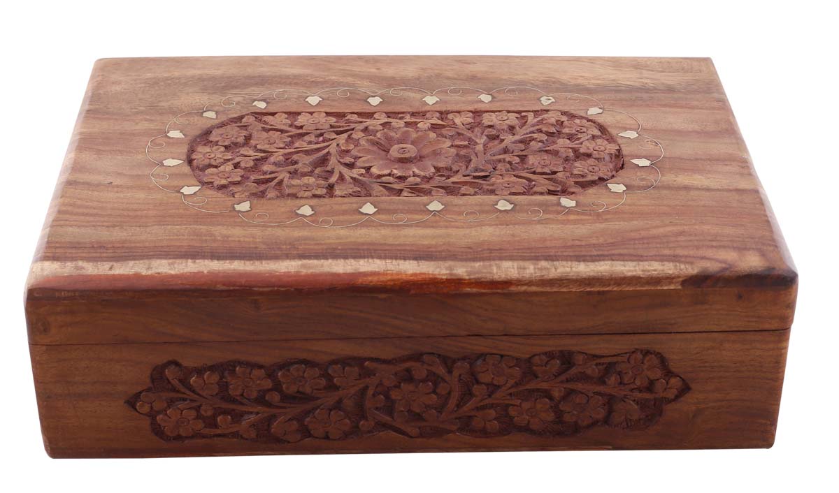 Wholesale 11.9x7.6” Wooden Jewelry Box in Bulk - Source Hand-Carved Jewelry Box/Trinket Box with Brass Inlay & Carving at the Top and Front from India