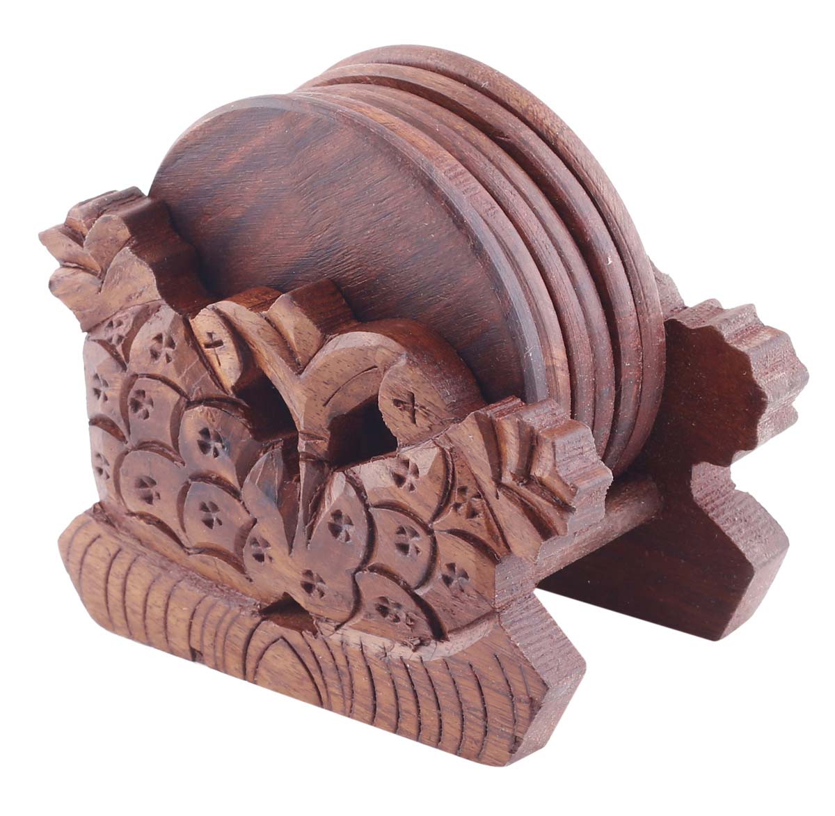 Bulk Wholesale Set of 6 Coasters with Holder in Wood - 4.2” Hand-Carved Coasters with Floral Motifs - Antique-Look Dining Table Accessories/Home/Office Decor from India