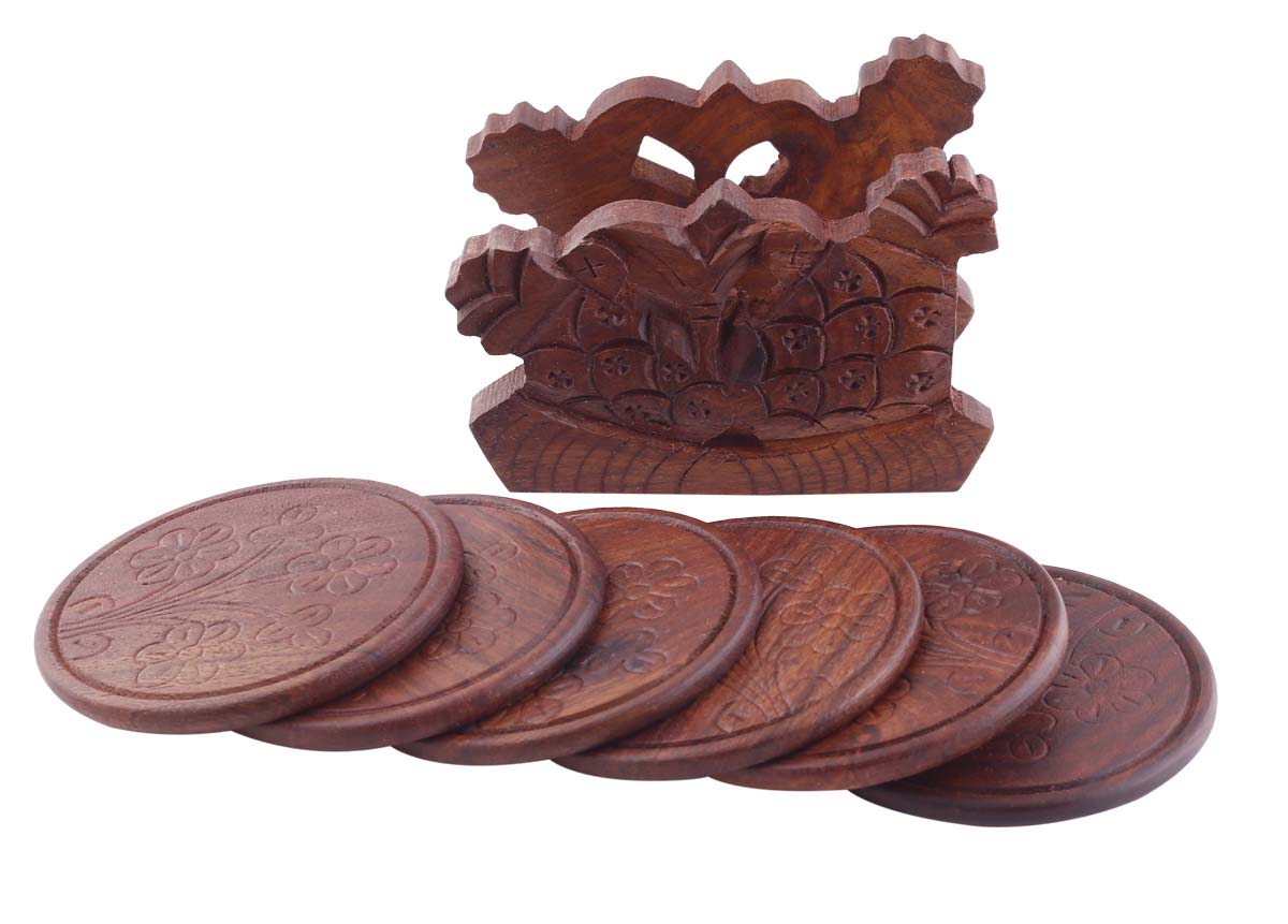 Bulk Wholesale Set of 6 Coasters with Holder in Wood - 4.2” Hand-Carved Coasters with Floral Motifs - Antique-Look Dining Table Accessories/Home/Office Decor from India