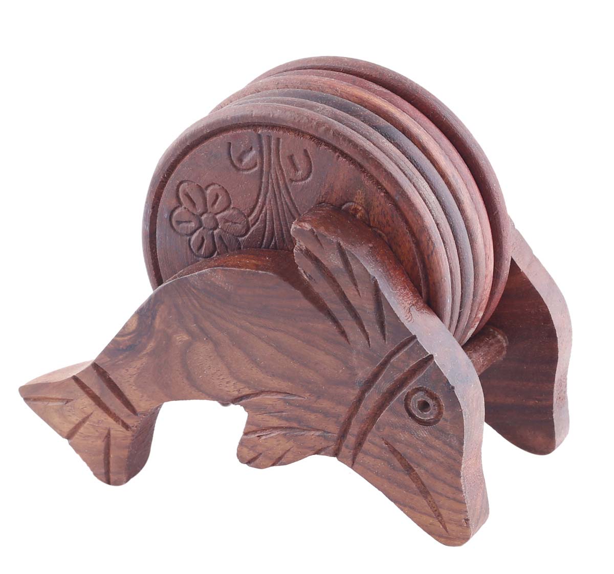 Bulk Wholesale Set of 6 Coasters with Fish Holder in Wood - 5” Hand-Carved Coasters with Floral Motifs - Antique-Look Dining Table Accessories/Home/Office Decor from India