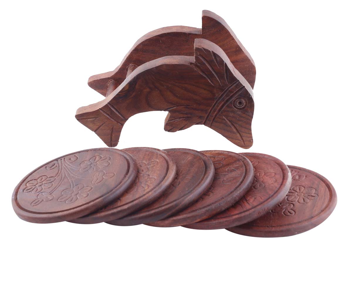 Bulk Wholesale Set of 6 Coasters with Fish Holder in Wood - 5” Hand-Carved Coasters with Floral Motifs - Antique-Look Dining Table Accessories/Home/Office Decor from India