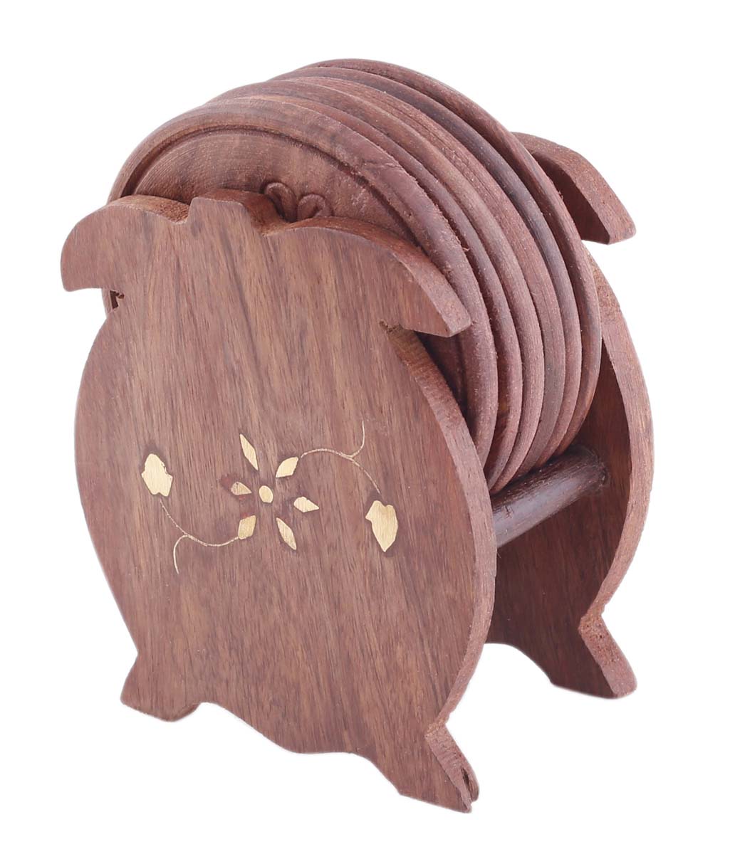 Bulk Wholesale Set of 6 Coasters with Holder in Brass Inlay Work - 3.1” Hand-Carved Wood Coasters with Floral Motifs - Antique-Look Dining Table Accessories/Home/Office Decor from India