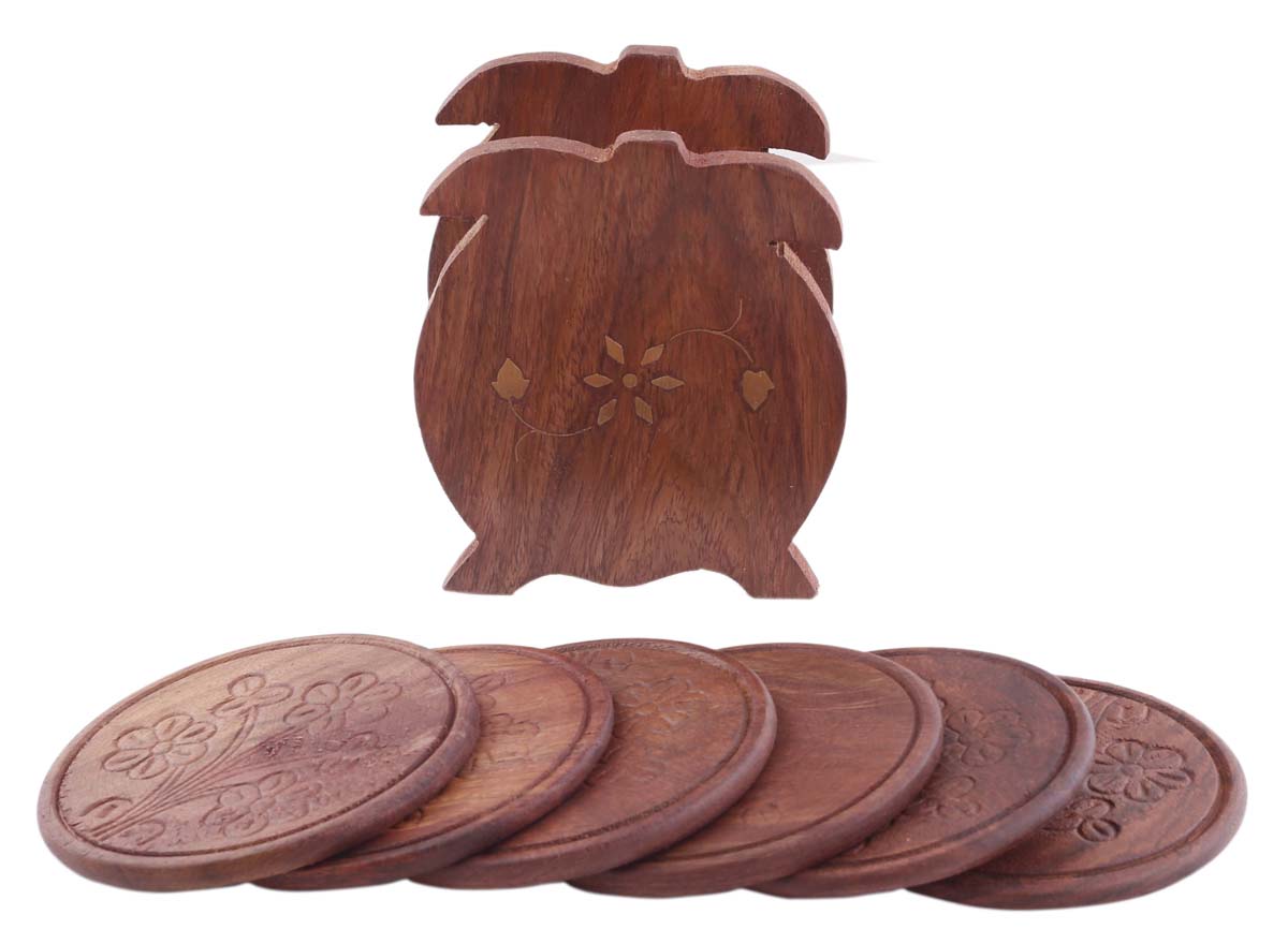 Bulk Wholesale Set of 6 Coasters with Holder in Brass Inlay Work - 3.1” Hand-Carved Wood Coasters with Floral Motifs - Antique-Look Dining Table Accessories/Home/Office Decor from India