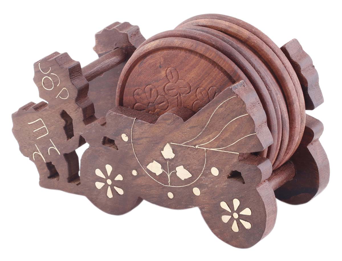 Bulk Wholesale Set of 6 Coasters with Cart-Shaped Holder in Wood - 6” Handcrafted Coasters with Brass Inlay Motifs - Antique-Look Dining Table Accessories/Home/Office Decor from India