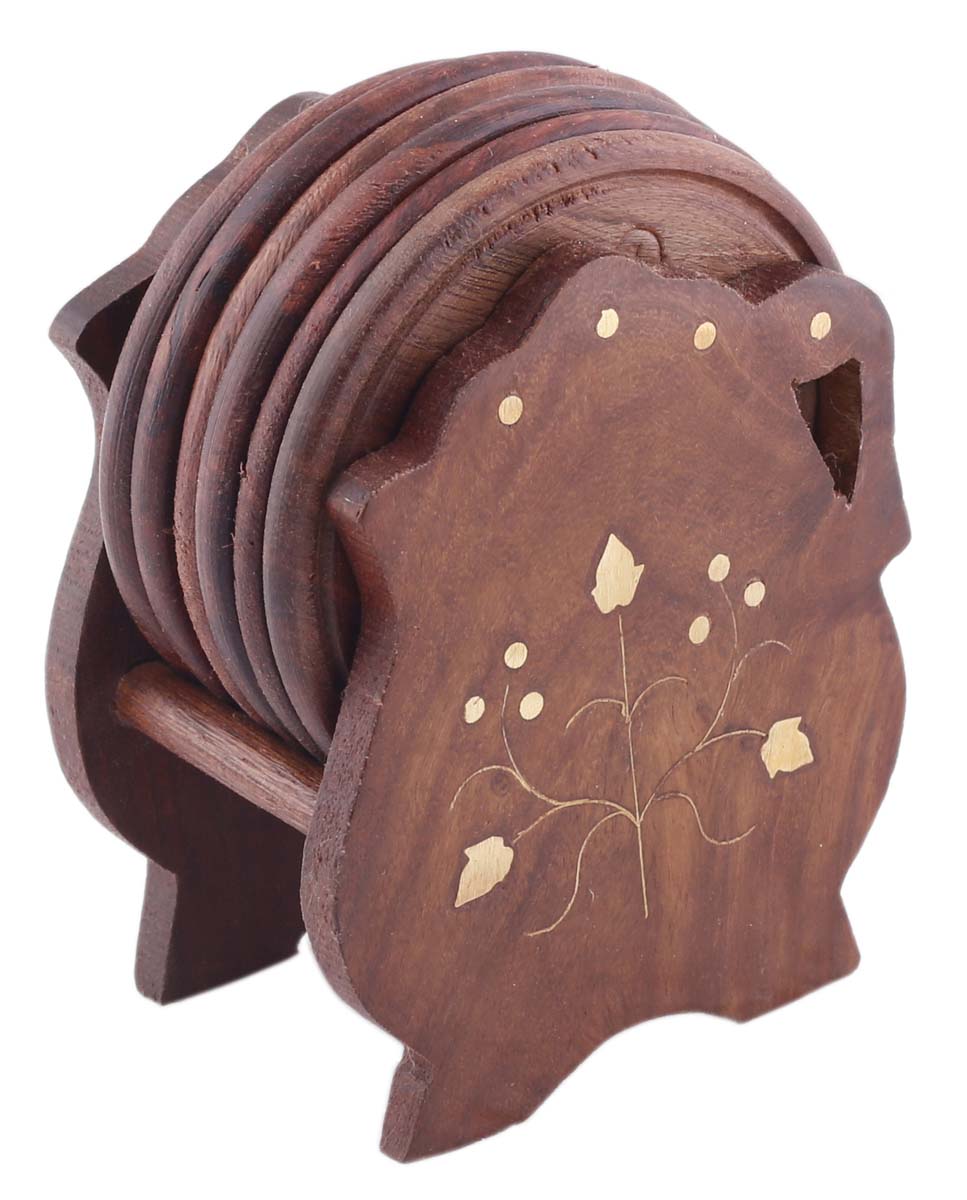 Bulk Wholesale Set of 6 Coasters with Holder in Brass Inlay Work - 2.5” Hand-Carved Wood Coasters with Floral Motifs - Antique-Look Dining Table Accessories/Home/Office Decor from India
