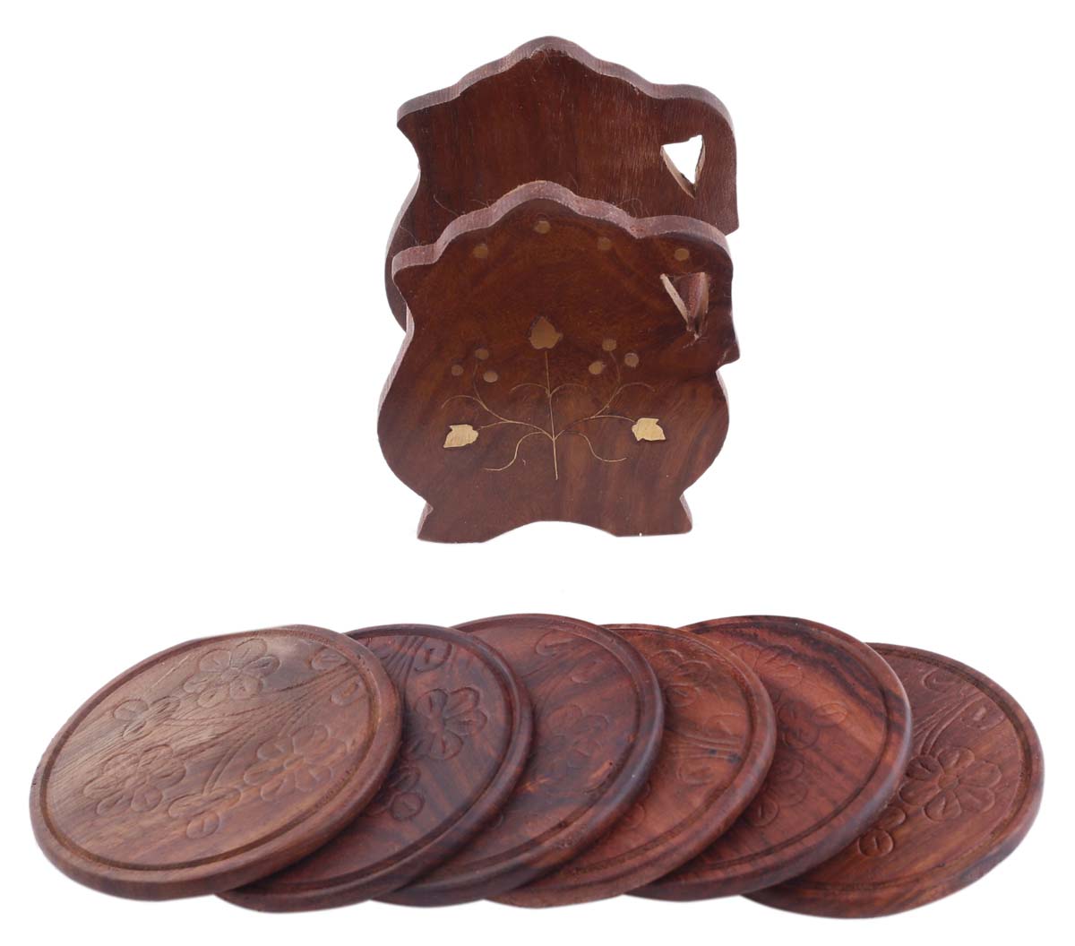 Bulk Wholesale Set of 6 Coasters with Holder in Brass Inlay Work - 2.5” Hand-Carved Wood Coasters with Floral Motifs - Antique-Look Dining Table Accessories/Home/Office Decor from India