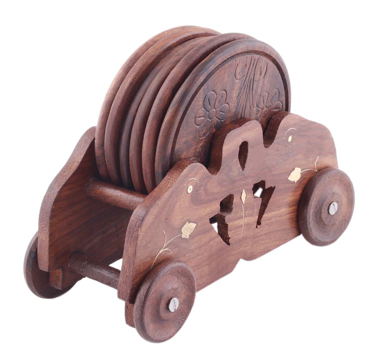 Bulk Wholesale Set of 6 Coasters with Car-Shaped Holder in Wood - 6” Hand-Carved Coasters with Floral Motifs - Antique-Look Dining Table Accessories/Home/Office Decor from India