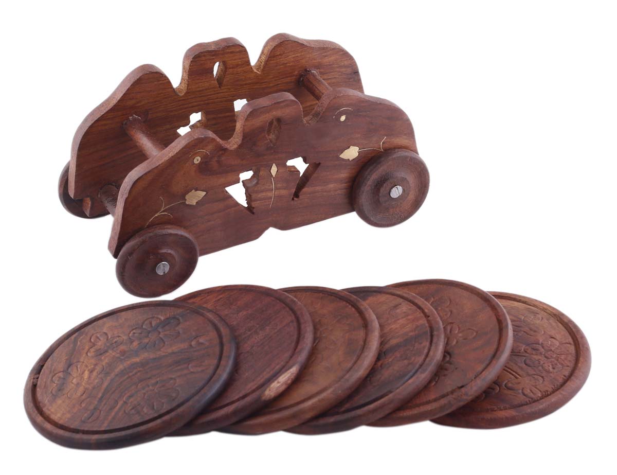 Bulk Wholesale Set of 6 Coasters with Car-Shaped Holder in Wood - 6” Hand-Carved Coasters with Floral Motifs - Antique-Look Dining Table Accessories/Home/Office Decor from India