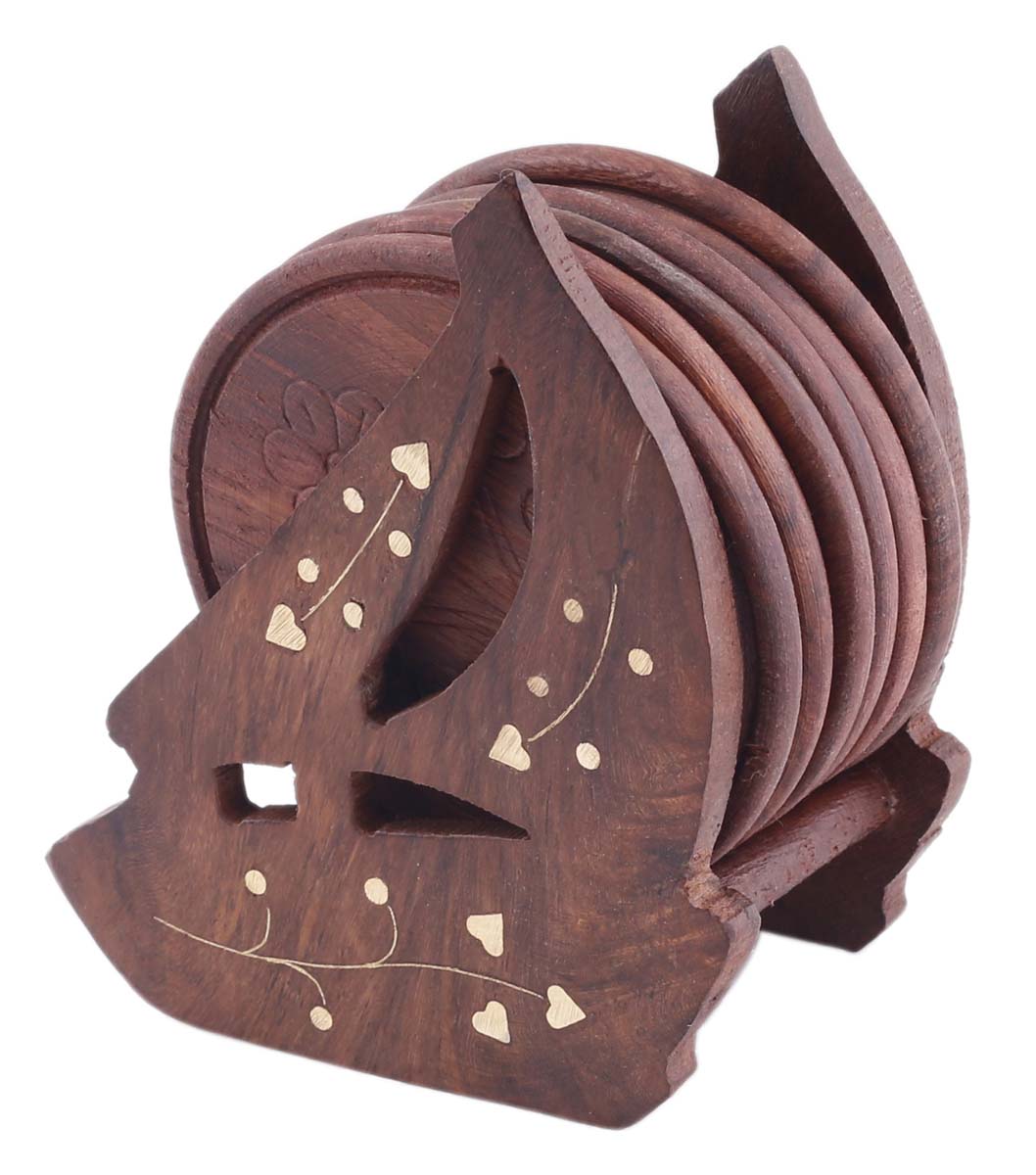 Bulk Wholesale Set of 6 Coasters with Ship-Shaped Holder in Wood - 3.8” Hand-Carved Coasters with Floral Motifs - Antique-Look Dining Table Accessories/Home/Office Decor from India