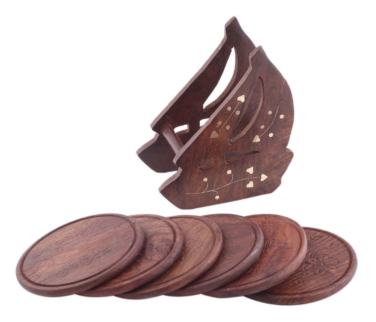 Bulk Wholesale Set of 6 Coasters with Ship-Shaped Holder in Wood - 3.8” Hand-Carved Coasters with Floral Motifs - Antique-Look Dining Table Accessories/Home/Office Decor from India