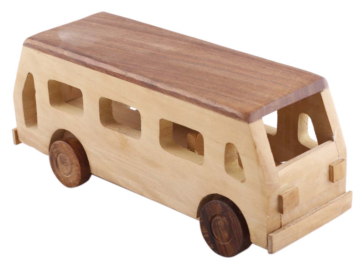 Bulk Wholesale Mini-Bus Toy in Wood – 9” Hand-Crafted Pull Toy with Moving Wheels – Toys & Games / Gifts for Kids from India