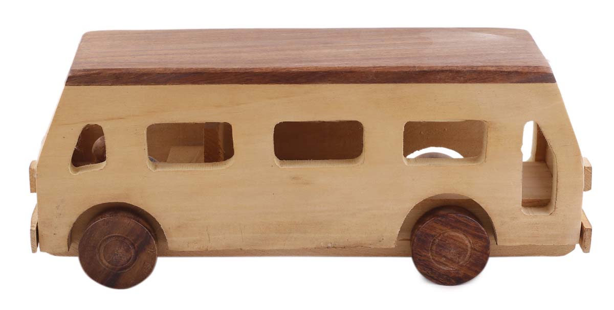 Bulk Wholesale Mini-Bus Toy in Wood – 9” Hand-Crafted Pull Toy with Moving Wheels – Toys & Games / Gifts for Kids from India