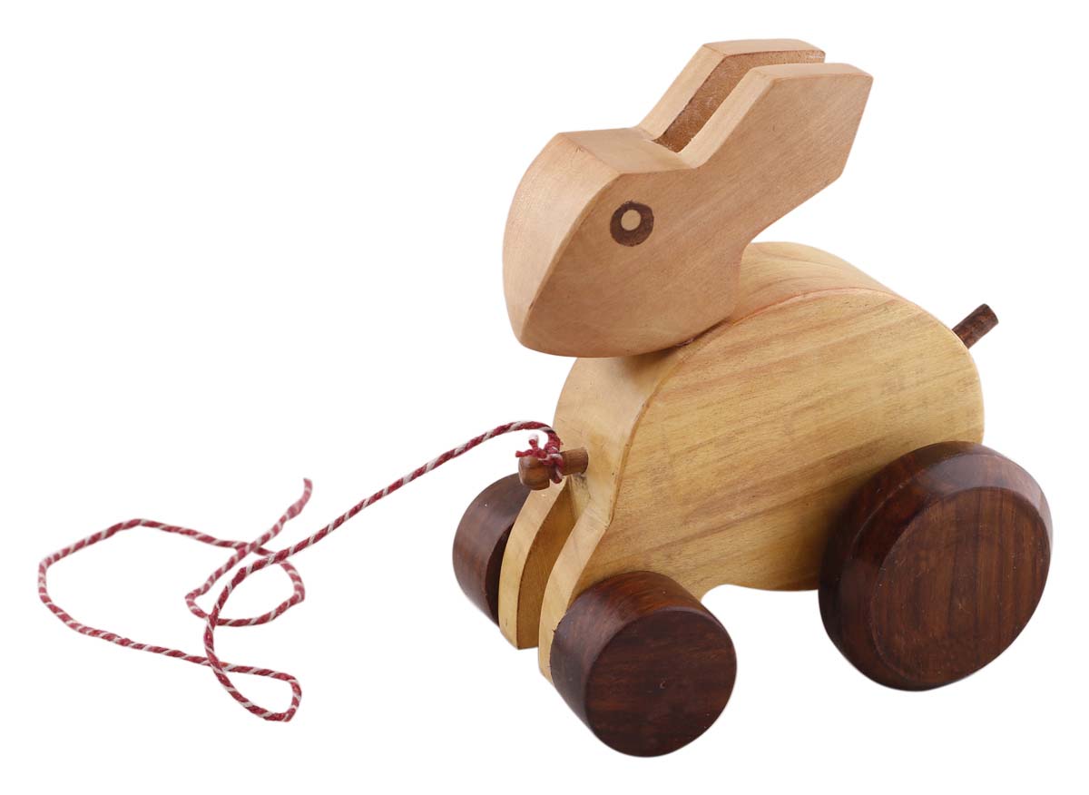 Bulk Wholesale ‘Rabbit on Wheels’ Toy in Wood – 5.4” Hand-Crafted Pull Animal Toy with String & Moving Wheels - Toys & Games / Gifts for Kids from India
