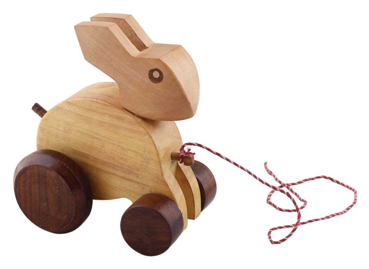 Bulk Wholesale ‘Rabbit on Wheels’ Toy in Wood – 5.4” Hand-Crafted Pull Animal Toy with String & Moving Wheels - Toys & Games / Gifts for Kids from India