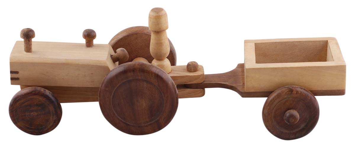 Bulk Wholesale Tractor Toy in Wood – 12.5” Hand-Crafted Pull Toy Tractor with Moving Trolley & Wheels – Toys & Games / Gifts for Kids from India