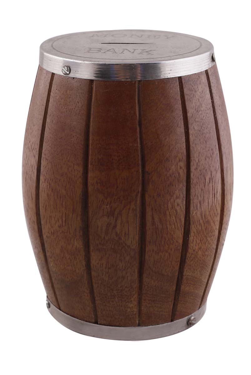 Wholesale 6.2” Barrel Shaped Piggy/Money Bank - Handmade Wood Brown Coin/Penny Bank with Metal Finishing - Kids Nursery/Home Decor Gifts from India